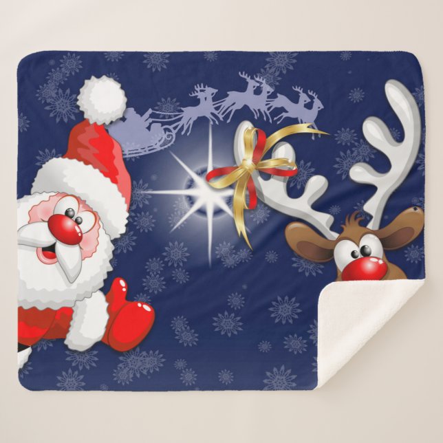 Santa and Reindeer Merry Christmass Happy Cartoon Sherpa Blanket (Front (Horizontal))