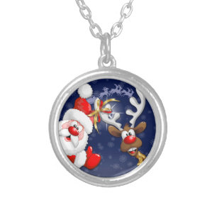 Santa and Reindeer Merry Christmass Happy Cartoon Silver Plated Necklace
