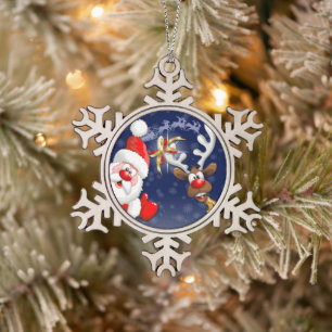 Santa and Reindeer Merry Christmass Happy Cartoon Snowflake Pewter Christmas Ornament