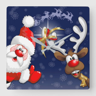 Santa and Reindeer Merry Christmass Happy Cartoon Square Wall Clock