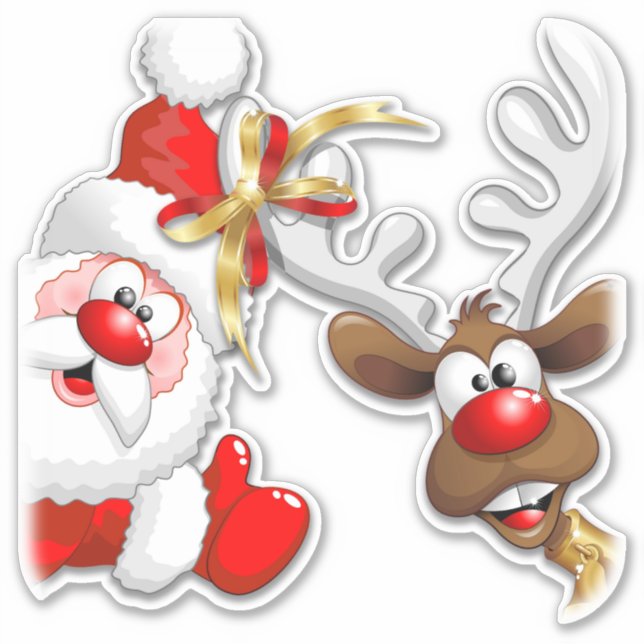 Santa and Reindeer Merry Christmass Happy Cartoon Sticker (Front)