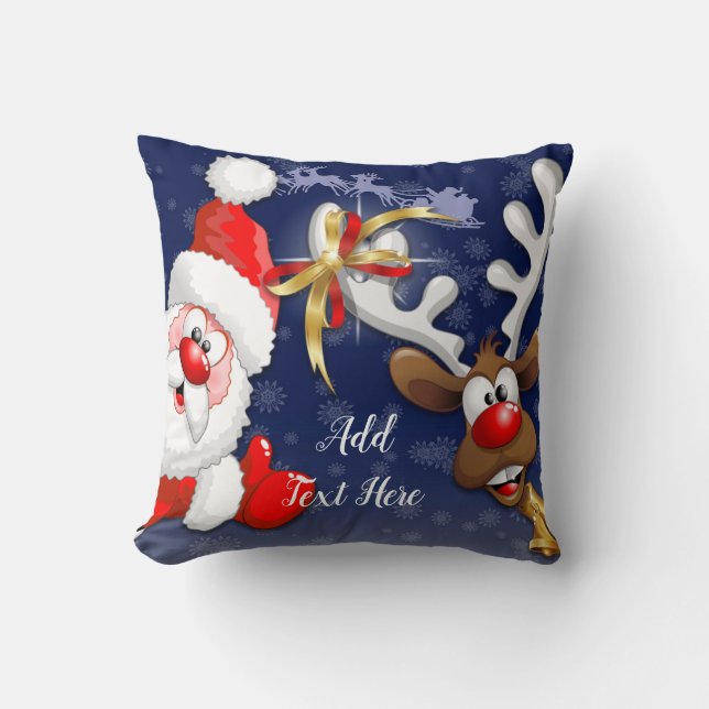 Santa and Reindeer Merry Christmass Happy Cartoon Throw Pillow (Front)