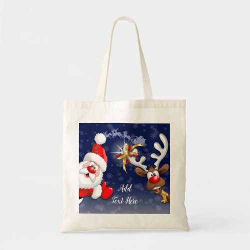 Santa and Reindeer Merry Christmass Happy Cartoon Tote Bag