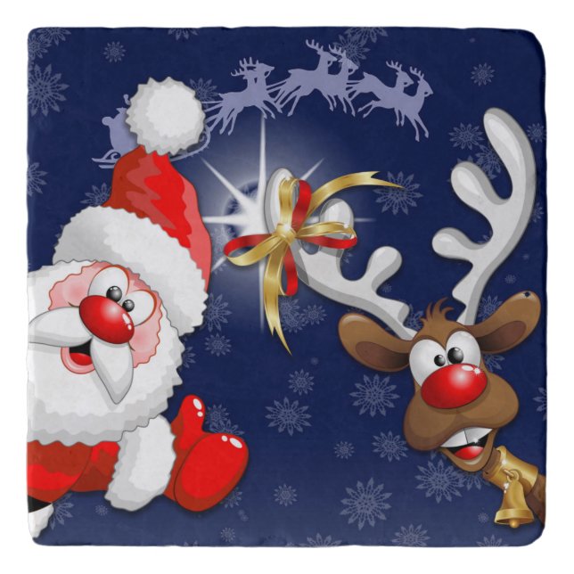 Santa and Reindeer Merry Christmass Happy Cartoon Trivet (Front)