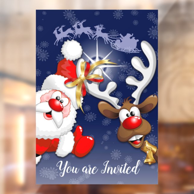 Santa and Reindeer Merry Christmass Happy Cartoon Window Cling (Sheet 2)