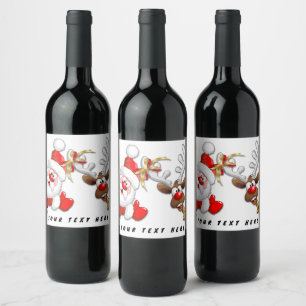 Santa and Reindeer Merry Christmass Happy Cartoon Wine Label