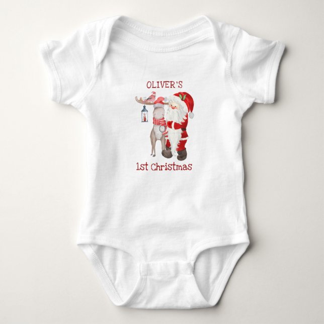 Santa and Reindeer Moose First Christmas Custom Baby Bodysuit (Front)