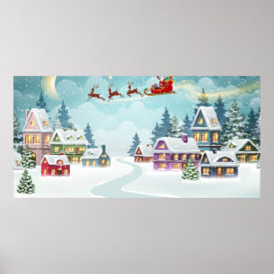 Santa and Reindeer on Christmas Background. Winter Poster