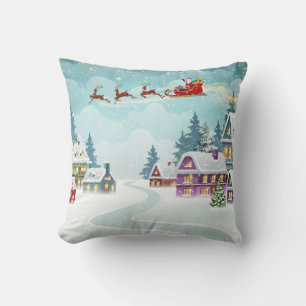 Santa and Reindeer on Christmas Background. Winter Throw Pillow