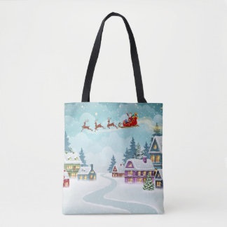 Santa and Reindeer on Christmas Background. Winter Tote Bag
