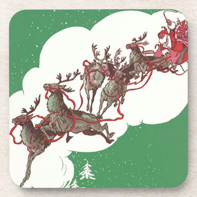 Santa and Reindeer on Christmas Eve Beverage Coaster (Front)