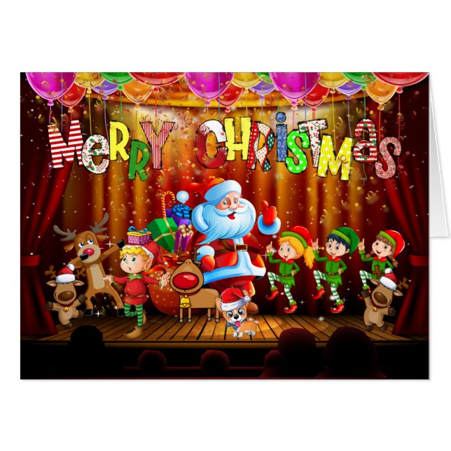Santa and Reindeer on Stage Christmas BIG Card (Front Horizontal)