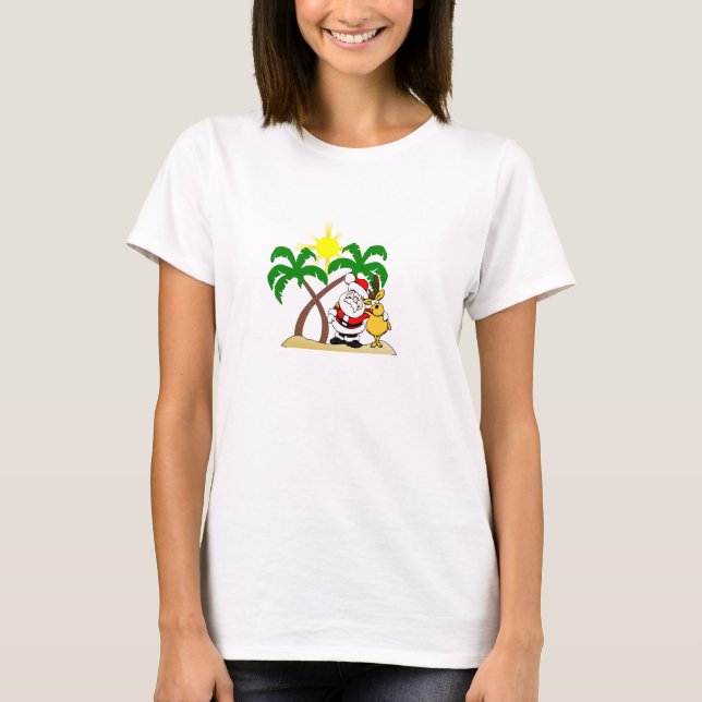 Santa and Reindeer on the Beach T-Shirt (Front)