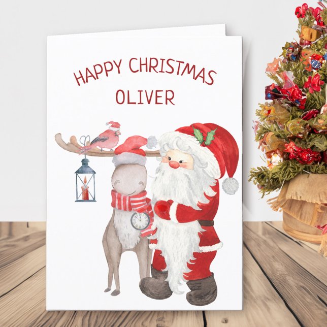 Santa and Reindeer Personalized Kids Holiday Card (Kids Santa Christmas Card with childs name)