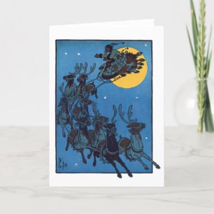 Santa and Reindeer Retro Vintage Holiday Christmas Card