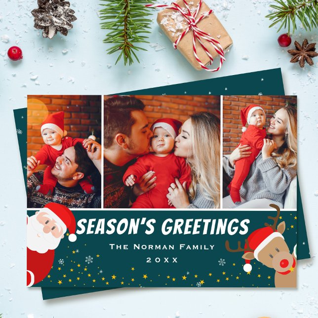 Santa and Reindeer Season’s Greetings 3 Photo Holiday Card (Creator Uploaded)