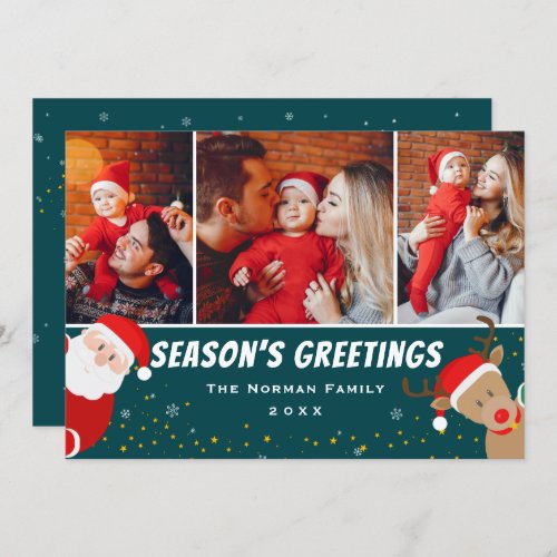 Santa and Reindeer Seasons Greetings 3 Photo Holiday Card