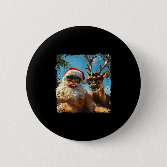 Santa And Reindeer Selfie Funny Christmas Vacation Button (Front)