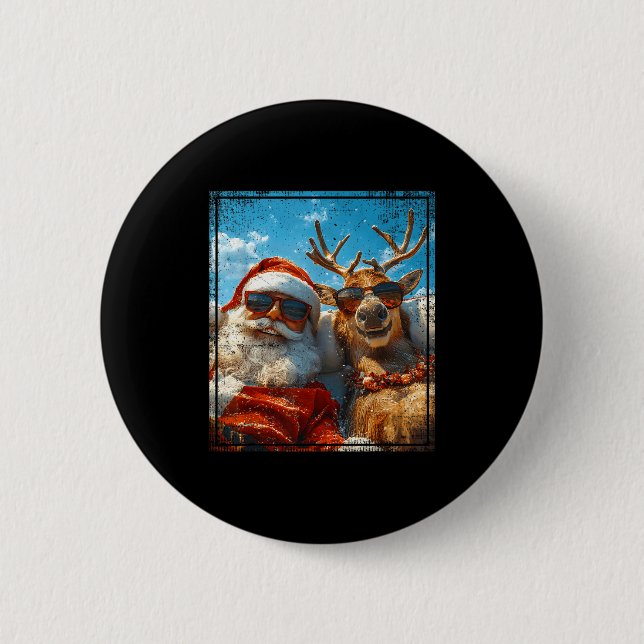 Santa And Reindeer Selfie Funny Christmas Vacation Button (Front)