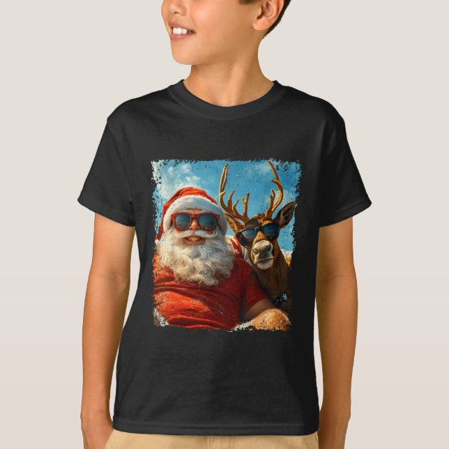 Santa And Reindeer Selfie Funny Christmas Vacation T-Shirt (Front)