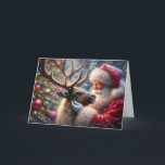 Santa And Reindeer, Snowy Forest, Christmas Tree 1 Holiday Card<br><div class="desc">This seasonal Christmas holiday card features an AI generated image of a close up of Santa and one of his reindeer sharing a tender moment in a snowy winter forest woodland with a beautifully decorated Christmas tree, decked out in twinkling, glowing colored lights. Santa strokes the side of the reindeer's...</div>