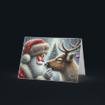 Santa And Reindeer, Snowy Forest, Christmas Tree 4 Holiday Card<br><div class="desc">This seasonal Christmas holiday card features an AI generated image of a close up of Santa and one of his reindeer sharing a tender moment in a snowy winter forest woodland with beautifully decorated Christmas tree in the background, decked out in twinkling, glowing white lights. Santa and the reindeer are...</div>