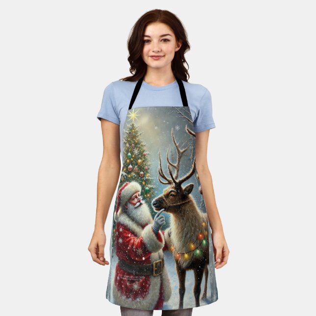 Santa And Reindeer, Snowy Forest, Christmas Tree 8 Apron (Worn)