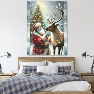 Santa And Reindeer, Snowy Forest, Christmas Tree 8 Canvas Print