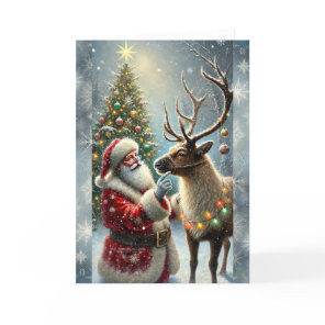 Santa And Reindeer, Snowy Forest, Christmas Tree 8 Holiday Card