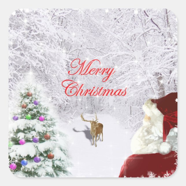 Santa and Reindeer Square Sticker (Front)