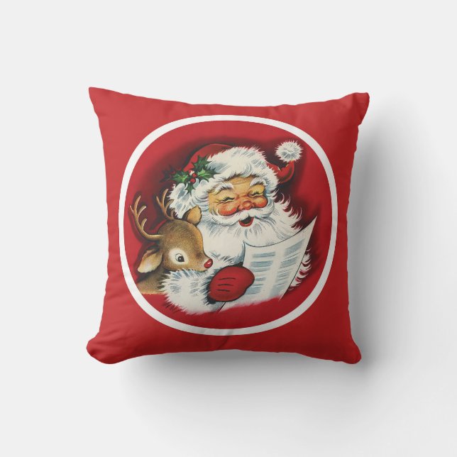 Santa and Reindeer vintage style Throw Pillow (Front)