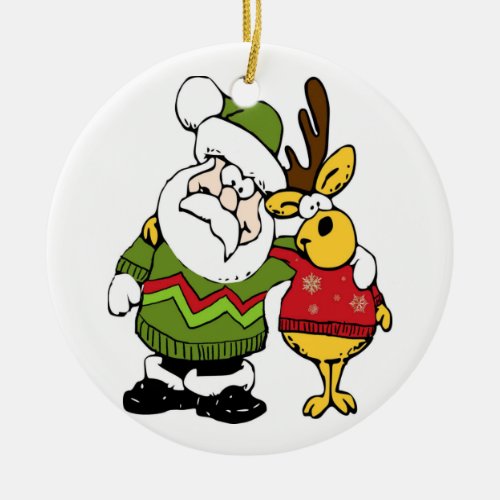 Santa and Reindeer Wearing Ugly Christmas Sweaters Ceramic Ornament