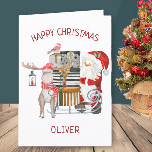Santa and Reindeer with Sleigh Personalized Kids Holiday Card