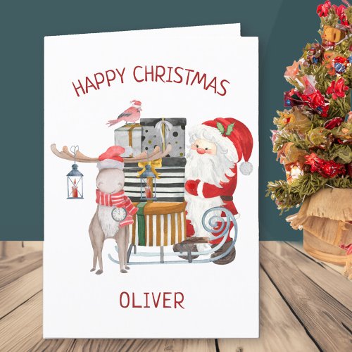Santa and Reindeer with Sleigh Personalized Kids Holiday Card