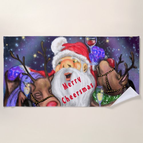 Santa and Reindeers Funny Christmas Beach Towel