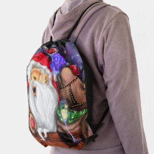 Santa and Reindeers Funny Christmas Drawstring Bag