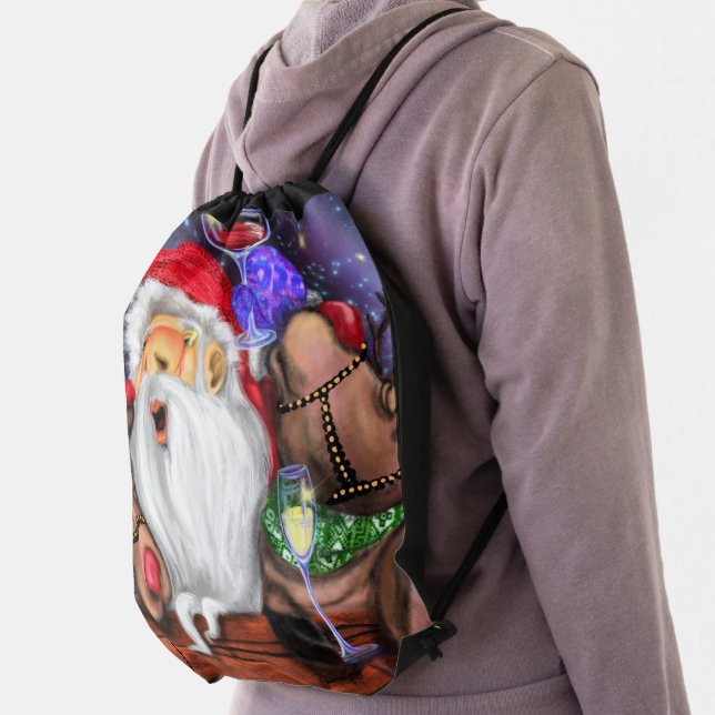 Santa and Reindeers Funny Christmas Drawstring Bag (Insitu)
