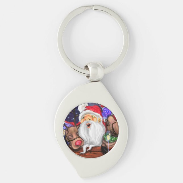 Santa and Reindeers Funny Christmas Keychain (Front)