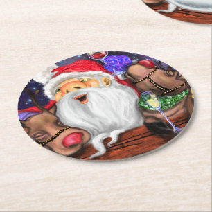 Santa and Reindeers Funny Christmas Paper Coaster