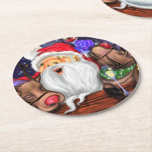 Santa and Reindeers Funny Christmas Paper Coaster (Angled)