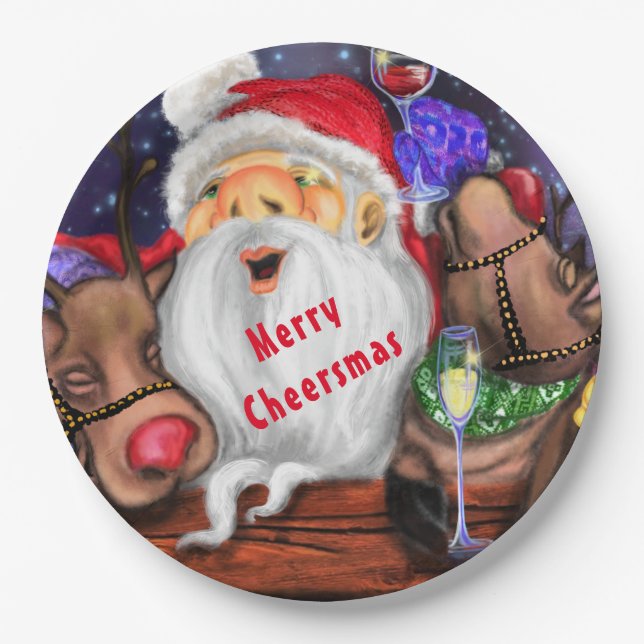 Santa and Reindeers Funny Christmas Paper Plates (Front)