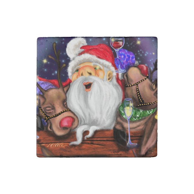 Santa and Reindeers Funny Christmas Stone Magnet (Front)