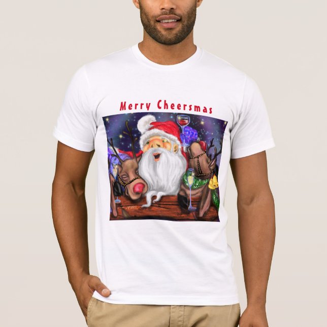 Santa and Reindeers Funny Christmas T-Shirt (Front)