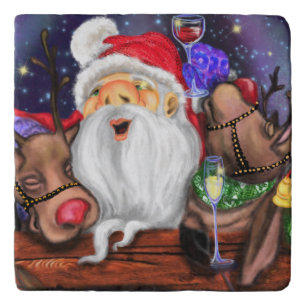 Santa and Reindeers Funny Christmas Trivet