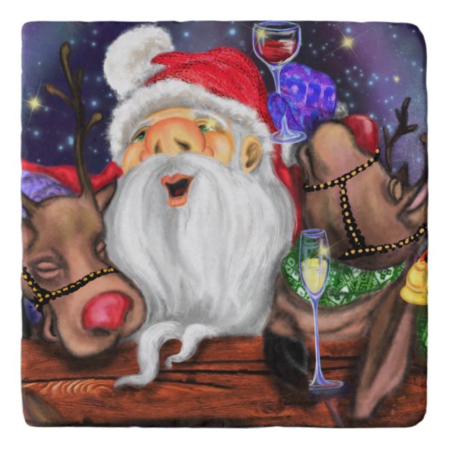 Santa and Reindeers Funny Christmas Trivet (Front)