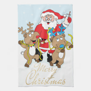 Santa and Reindeers Merry Christmas Kitchen Towel