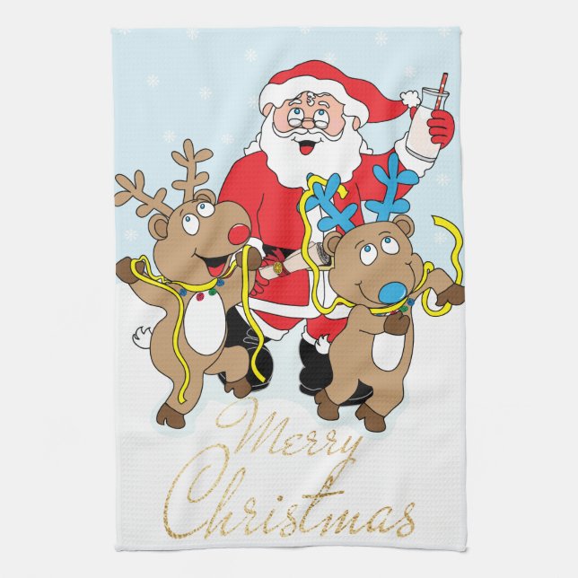 Santa and Reindeers Merry Christmas Kitchen Towel (Vertical)
