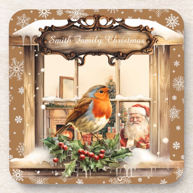 Santa And Robin Christmas  Beverage Coaster (Front)