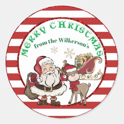 Santa and Rudolph Candy Cane Christmas Classic Round Sticker