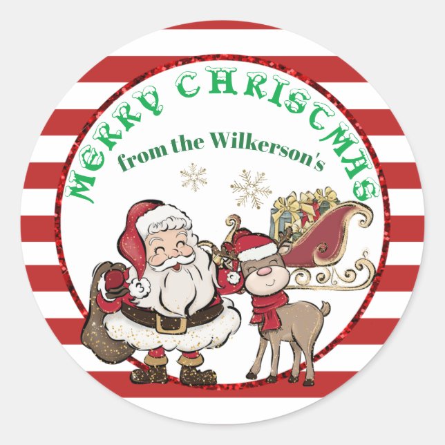 Santa and Rudolph Candy Cane Christmas Classic Round Sticker (Front)